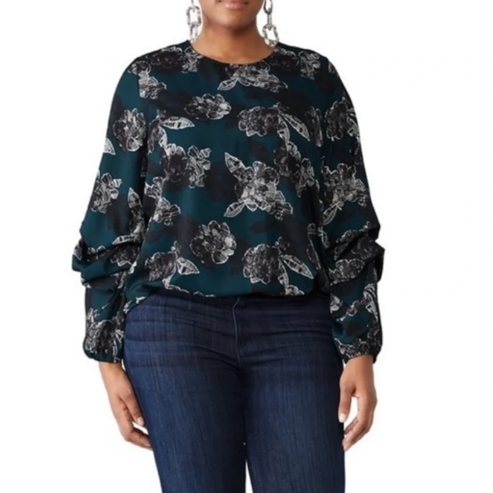 Eloquii Floral Blouse With Ruched Sleeves Green/Black/White Size 28 - Picture 1 of 10